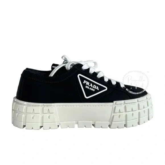NWB Prada Double Wheel low-top sneakers 38.5 Black White Platform Sole Logo