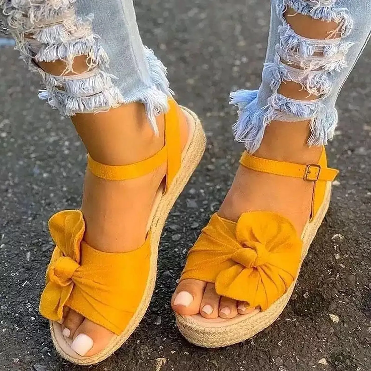 oiangi Womens Bow Espadrille Platform Sandals Summer Ankle Straps Buckle Open Toe Casual Shoes Solid Comfortable Wedge Ladies Outdoor Sandalias