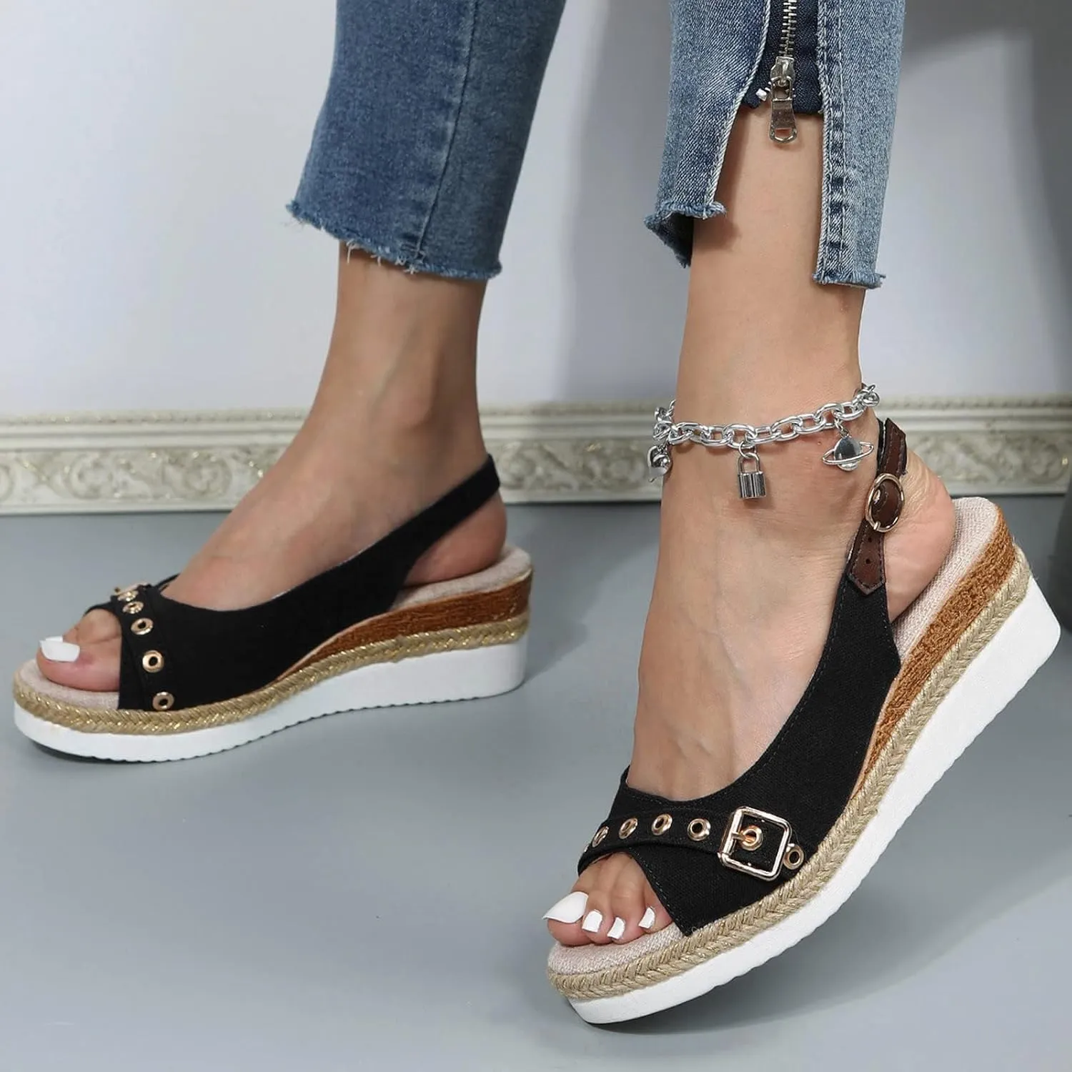 Orthopedic Sandals for Women Arch Support Walking Sandals Slip-on High Heels Open Toe Wedge Shoes Summer Beach Shoes