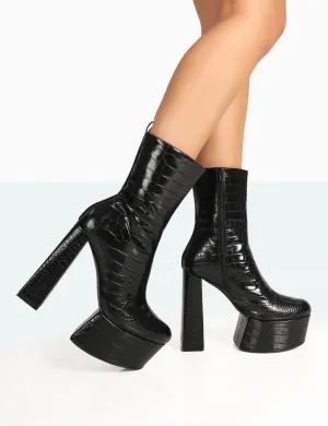 Parker Black Patent Croc Platform Rounded Block Heeled Ankle Boots