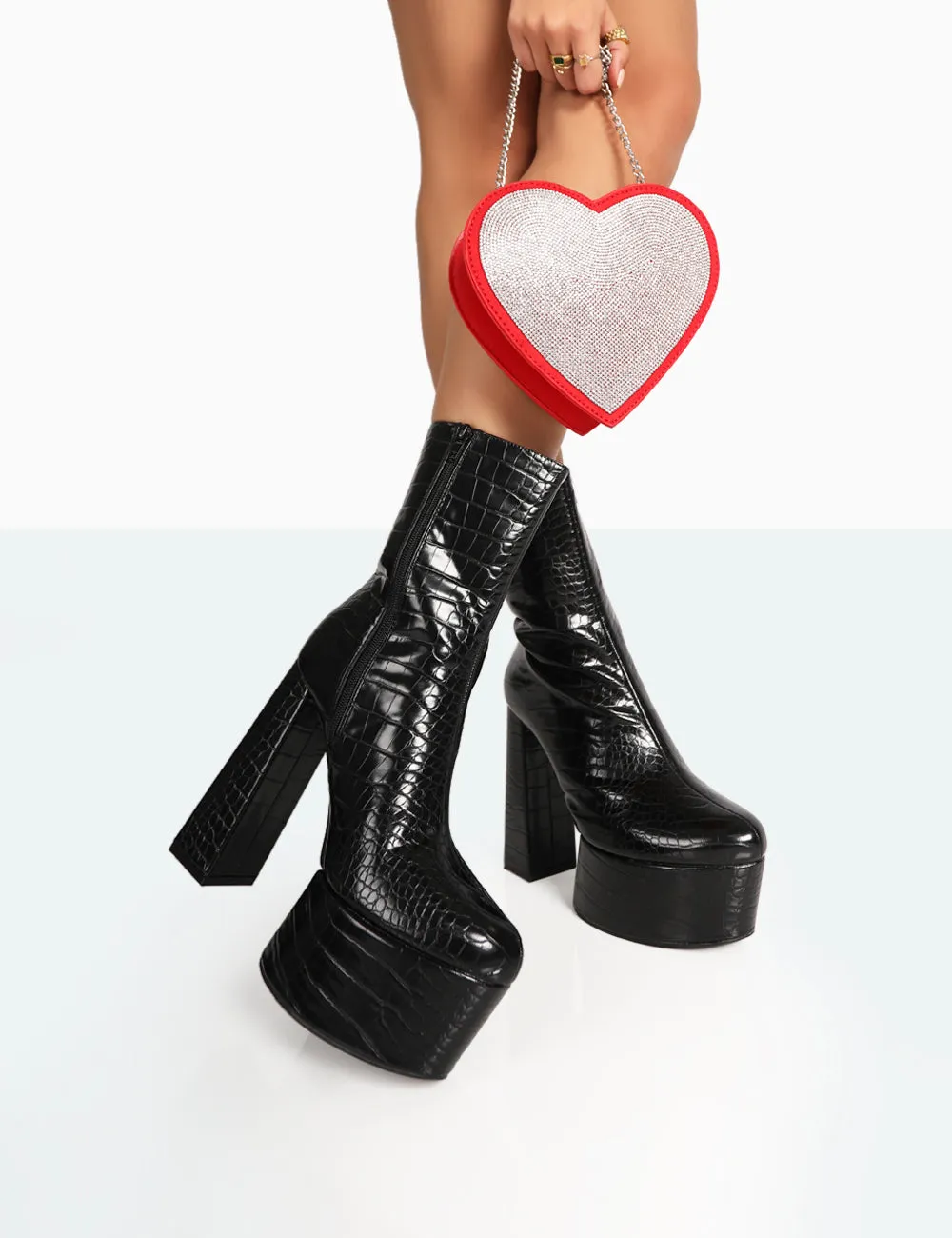 Parker Black Patent Croc Platform Rounded Block Heeled Ankle Boots