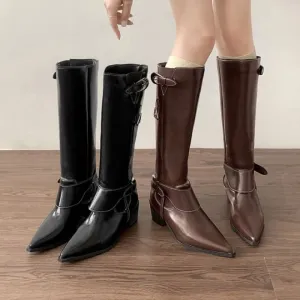 Pointed Toe Buckled Panel Knee High Boots