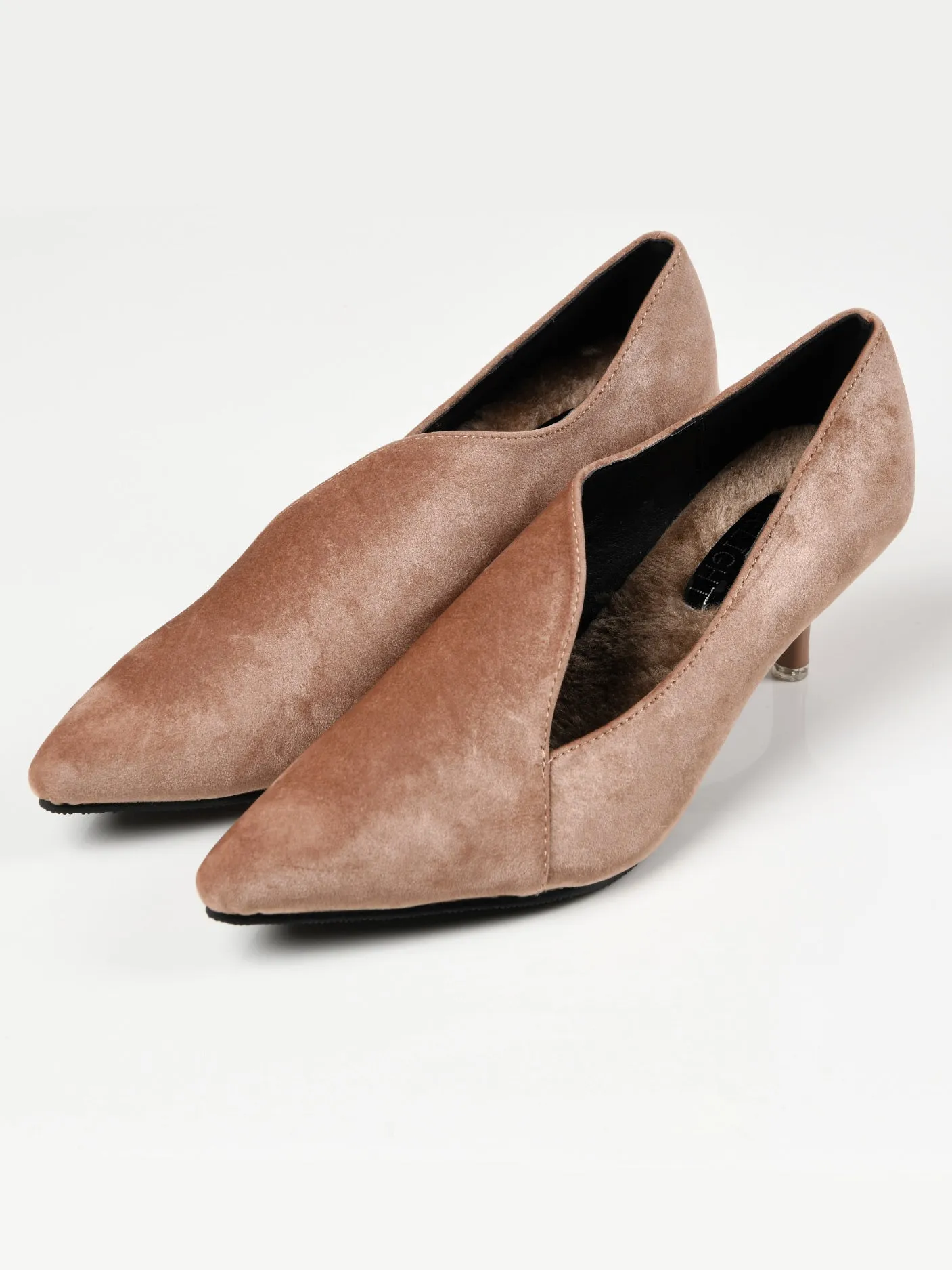 Pointed Velvet Heels - Light Brown