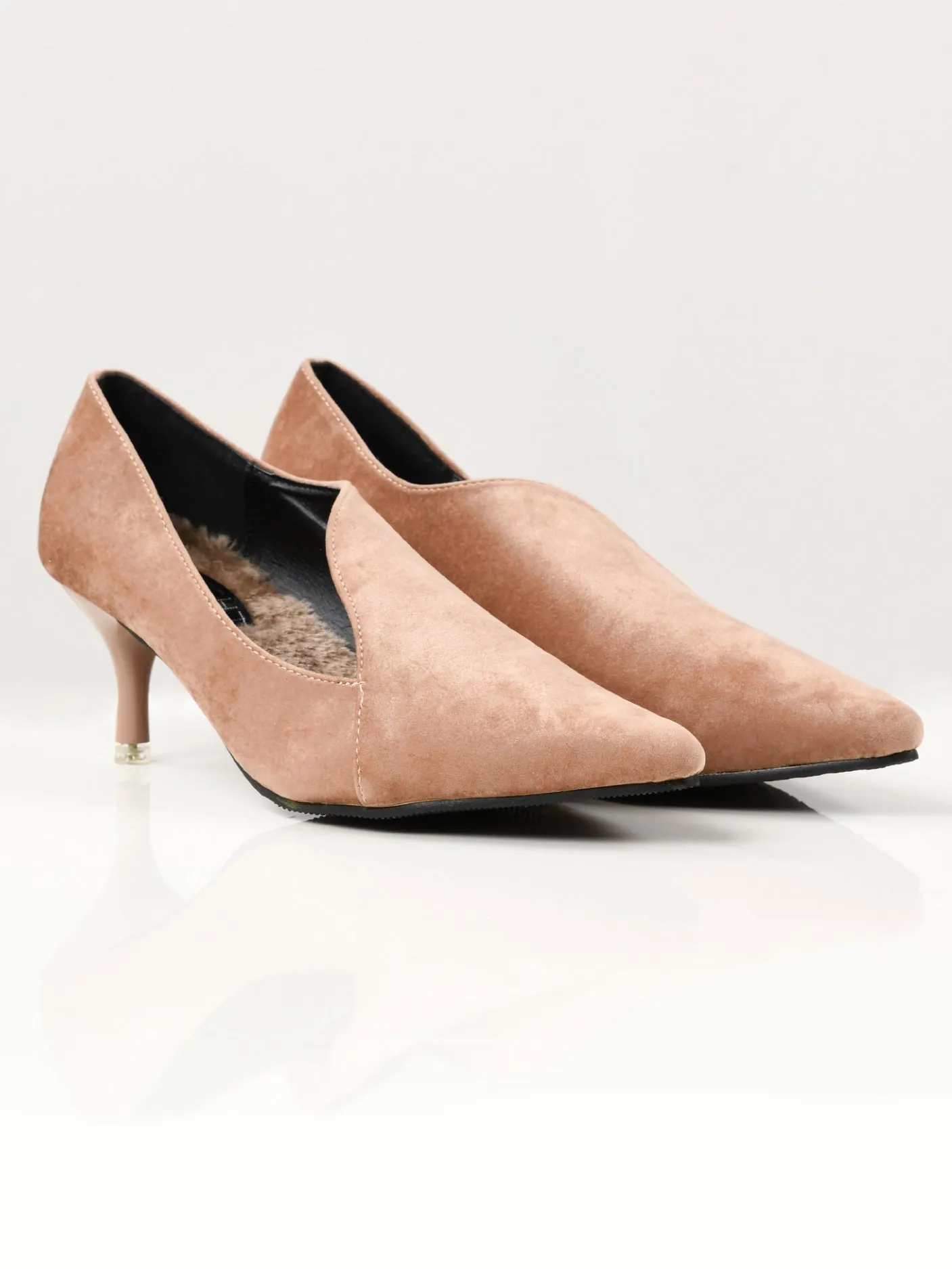 Pointed Velvet Heels - Light Brown