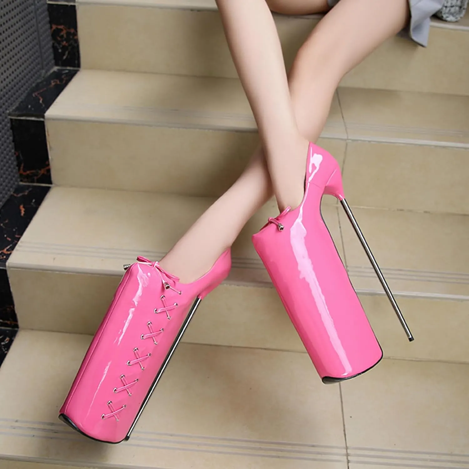 POOSR 30CM High Heels, Fashion Platforms Party Dress Shoes, Nightclub Pole Dancing Shoes, Patent Leather Bow Sandals