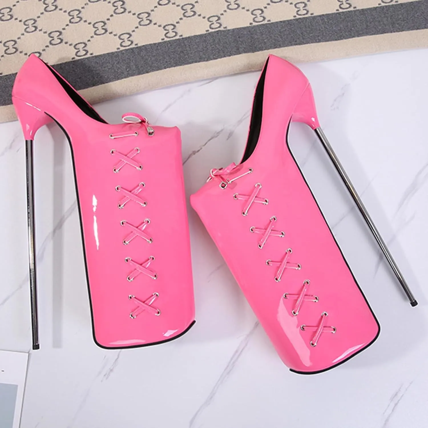 POOSR 30CM High Heels, Fashion Platforms Party Dress Shoes, Nightclub Pole Dancing Shoes, Patent Leather Bow Sandals