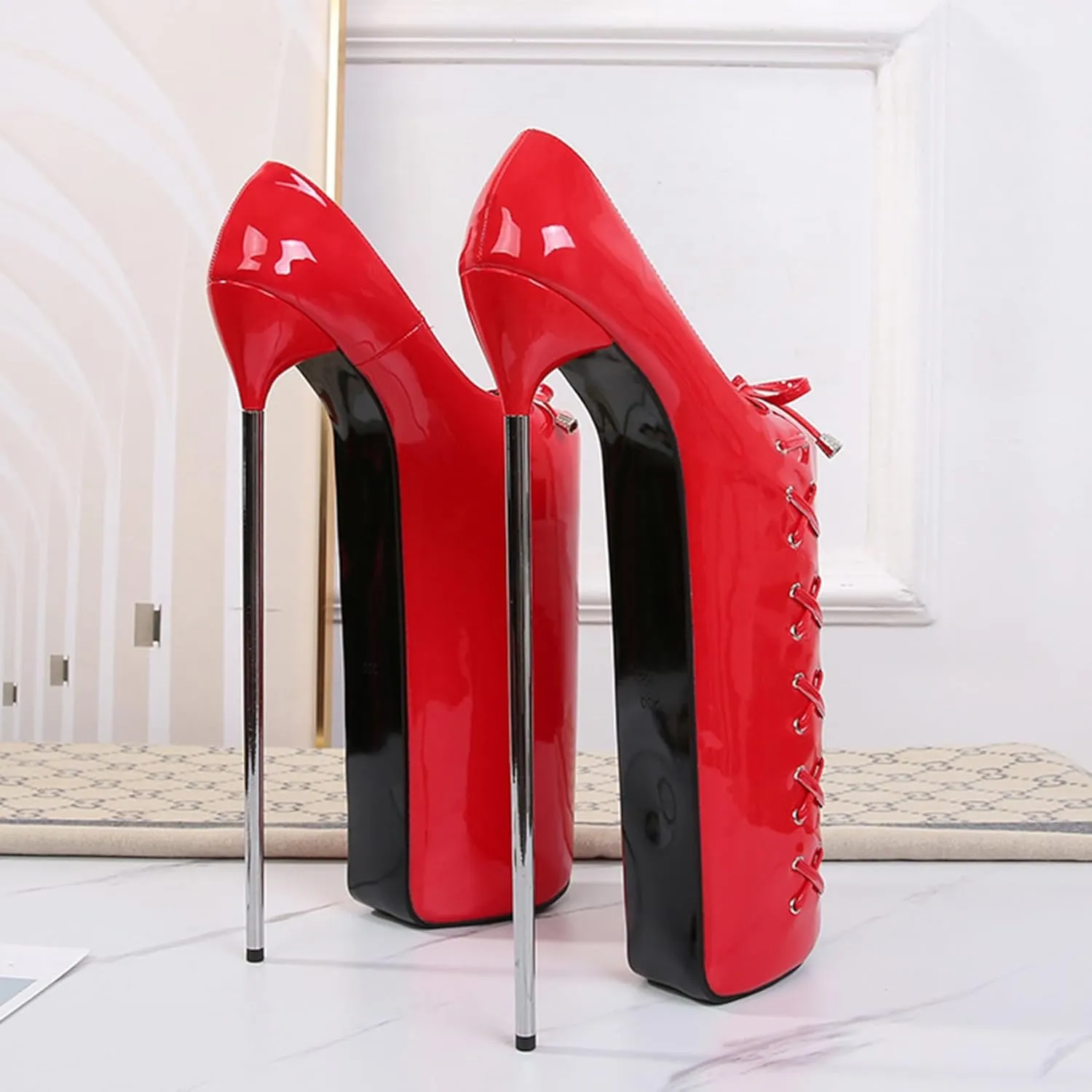 POOSR 30CM High Heels, Fashion Platforms Party Dress Shoes, Nightclub Pole Dancing Shoes, Patent Leather Bow Sandals