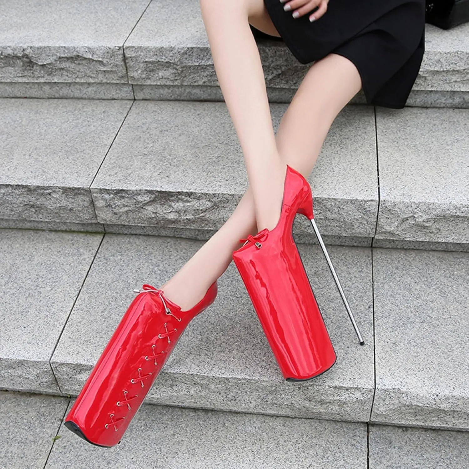 POOSR 30CM High Heels, Fashion Platforms Party Dress Shoes, Nightclub Pole Dancing Shoes, Patent Leather Bow Sandals