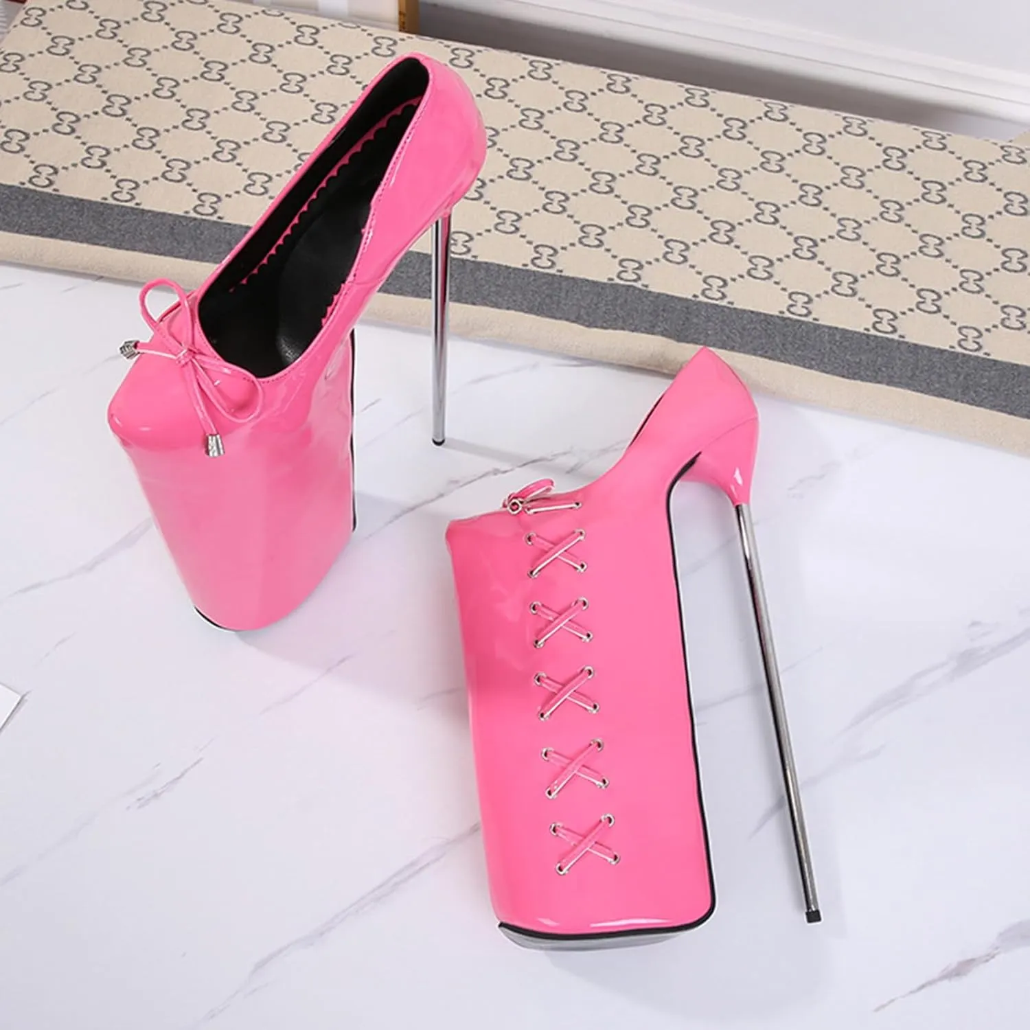 POOSR 30CM High Heels, Fashion Platforms Party Dress Shoes, Nightclub Pole Dancing Shoes, Patent Leather Bow Sandals