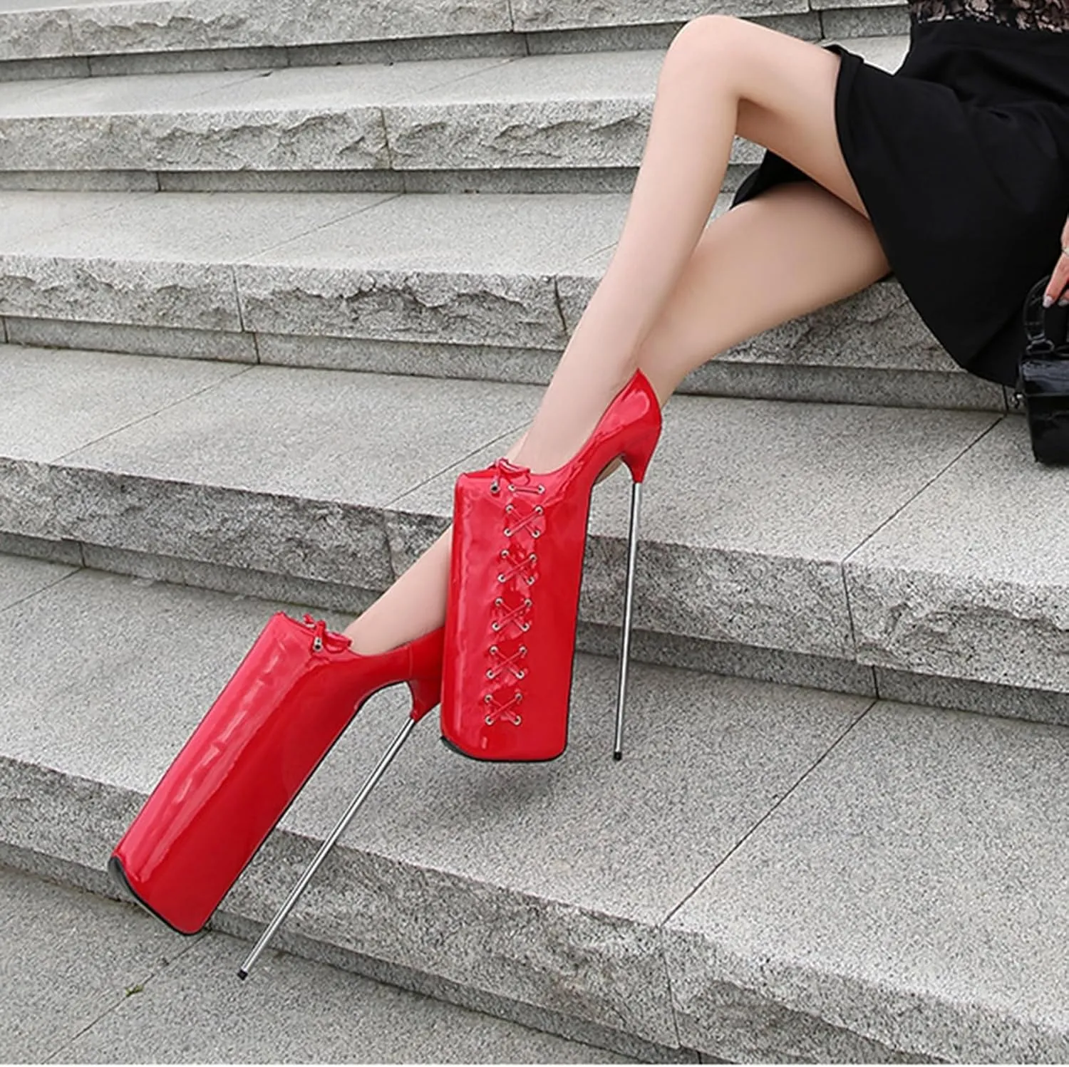 POOSR 30CM High Heels, Fashion Platforms Party Dress Shoes, Nightclub Pole Dancing Shoes, Patent Leather Bow Sandals
