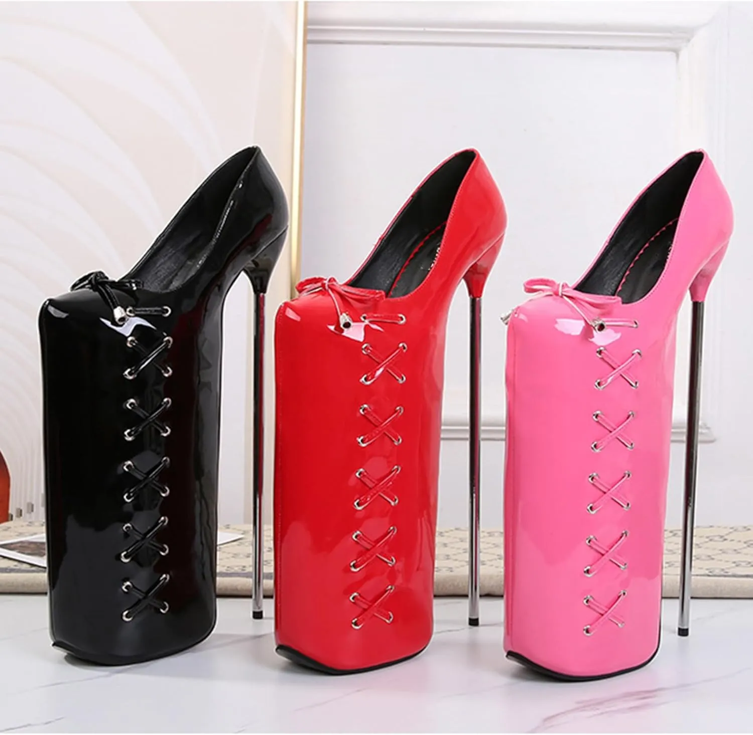 POOSR 30CM High Heels, Fashion Platforms Party Dress Shoes, Nightclub Pole Dancing Shoes, Patent Leather Bow Sandals