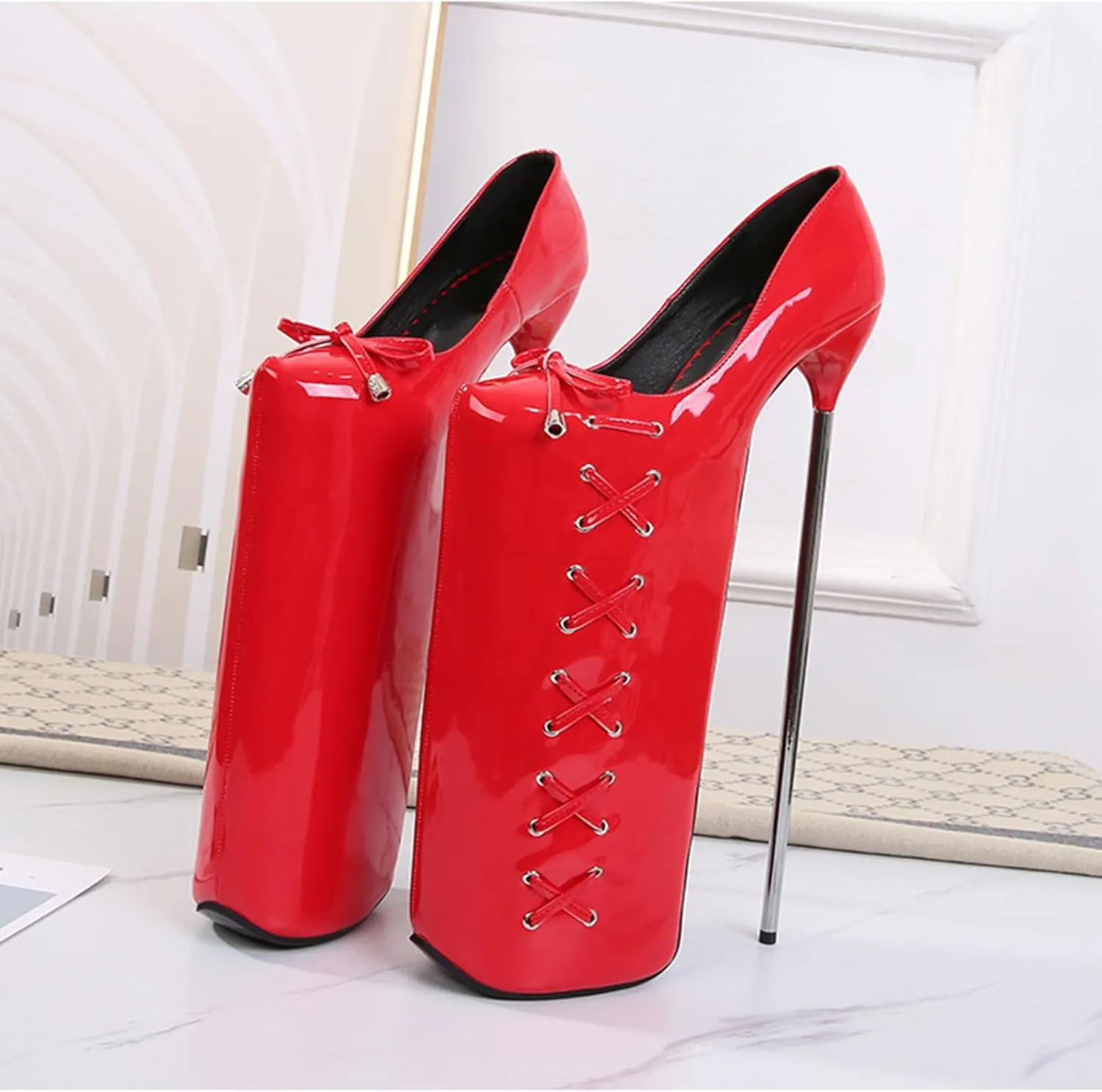 POOSR 30CM High Heels, Fashion Platforms Party Dress Shoes, Nightclub Pole Dancing Shoes, Patent Leather Bow Sandals