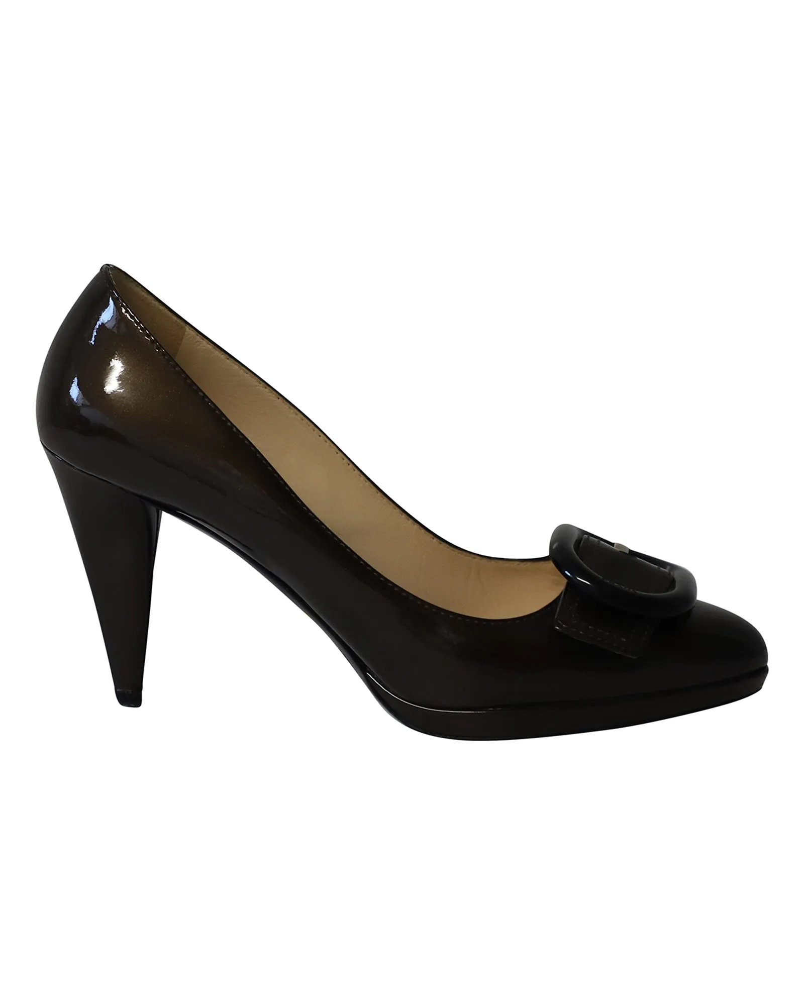 Prada Buckle Embellished Pumps in Brown Patent Leather