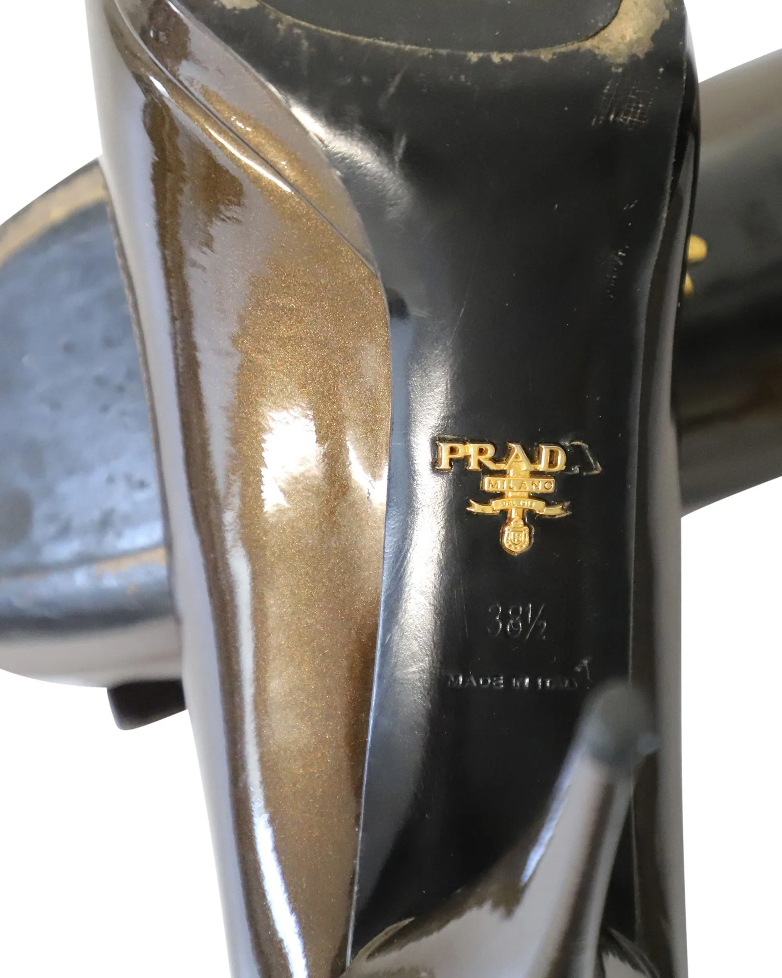 Prada Buckle Embellished Pumps in Brown Patent Leather