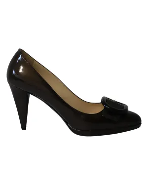 Prada Buckle Embellished Pumps in Brown Patent Leather