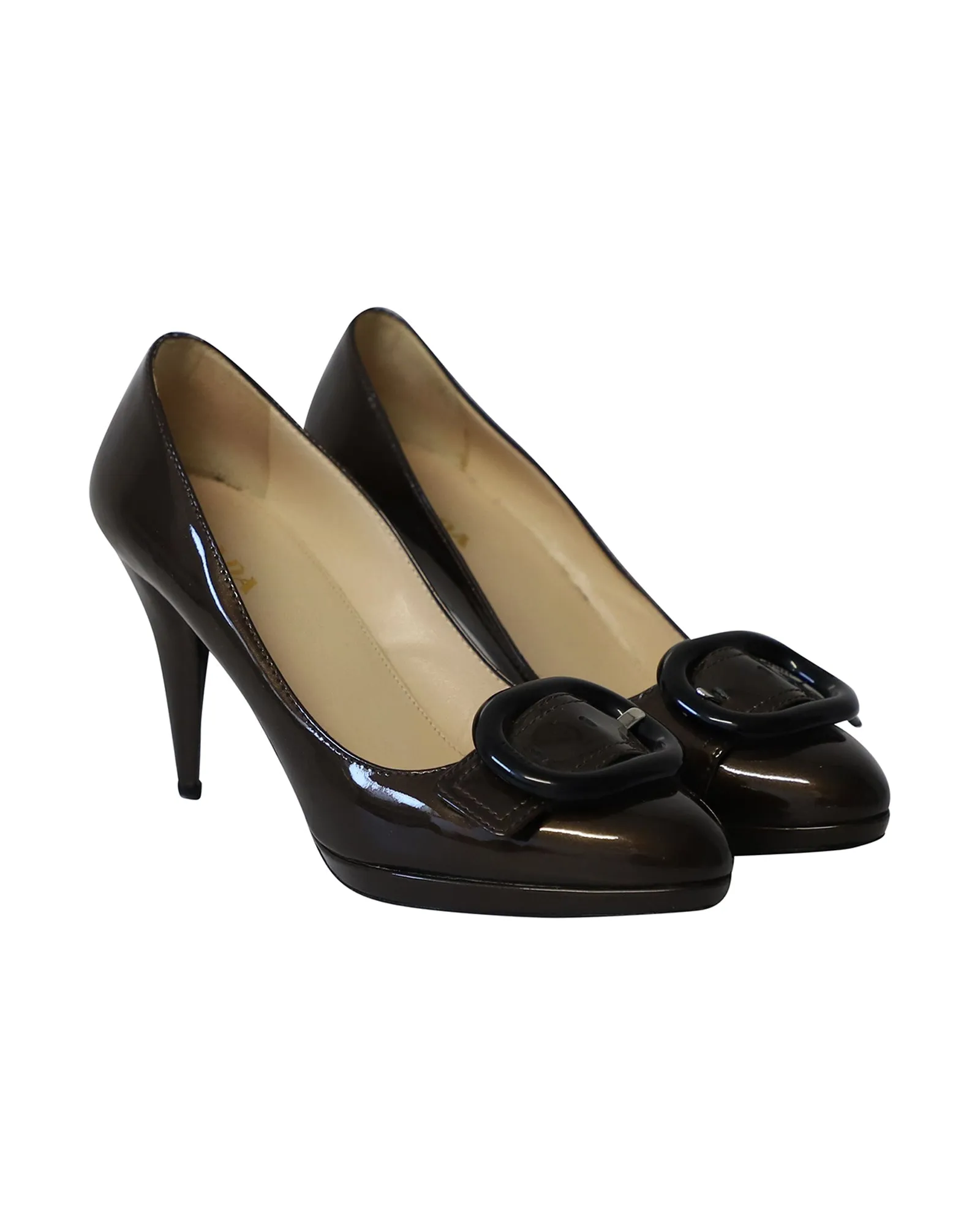 Prada Buckle Embellished Pumps in Brown Patent Leather
