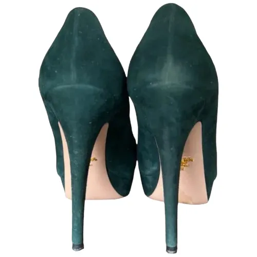 PRADA Dark Green Suede Almond Toe Platform Pumps, Size 37.5