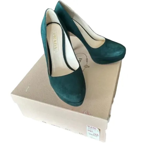 PRADA Dark Green Suede Almond Toe Platform Pumps, Size 37.5