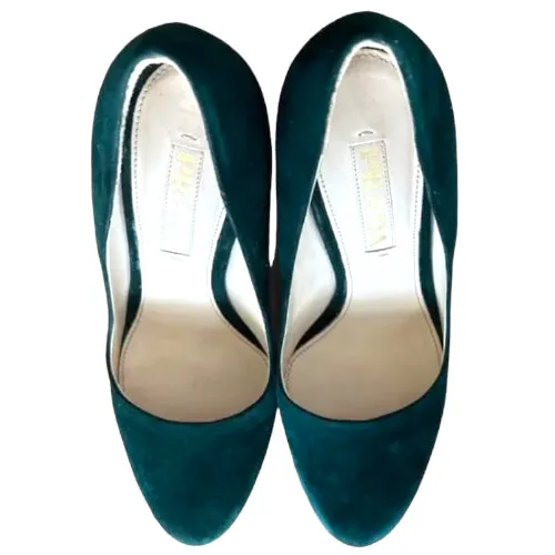 PRADA Dark Green Suede Almond Toe Platform Pumps, Size 37.5