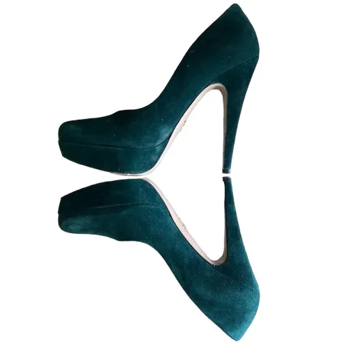 PRADA Dark Green Suede Almond Toe Platform Pumps, Size 37.5