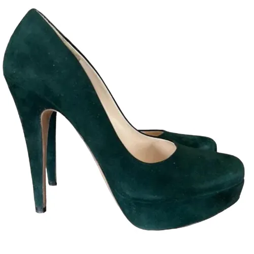 PRADA Dark Green Suede Almond Toe Platform Pumps, Size 37.5