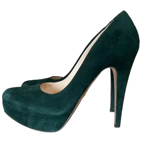 PRADA Dark Green Suede Almond Toe Platform Pumps, Size 37.5