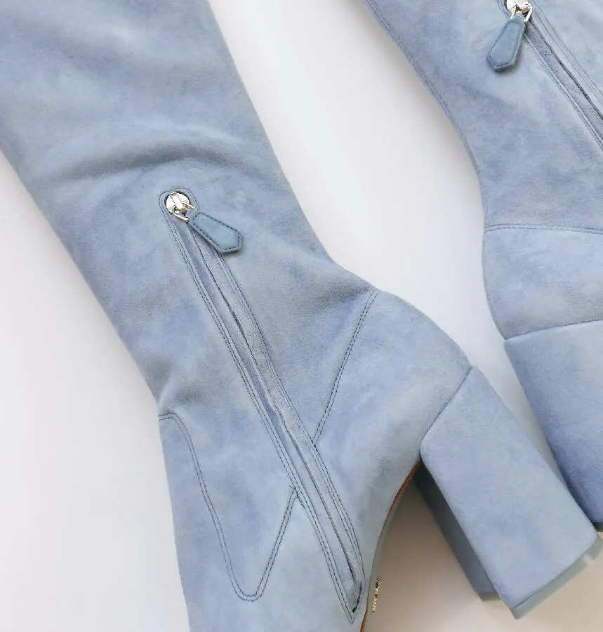Prada light blue suede suede over-the-knee high boots
