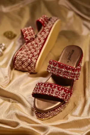 Red Velvet Embroidered Wedges