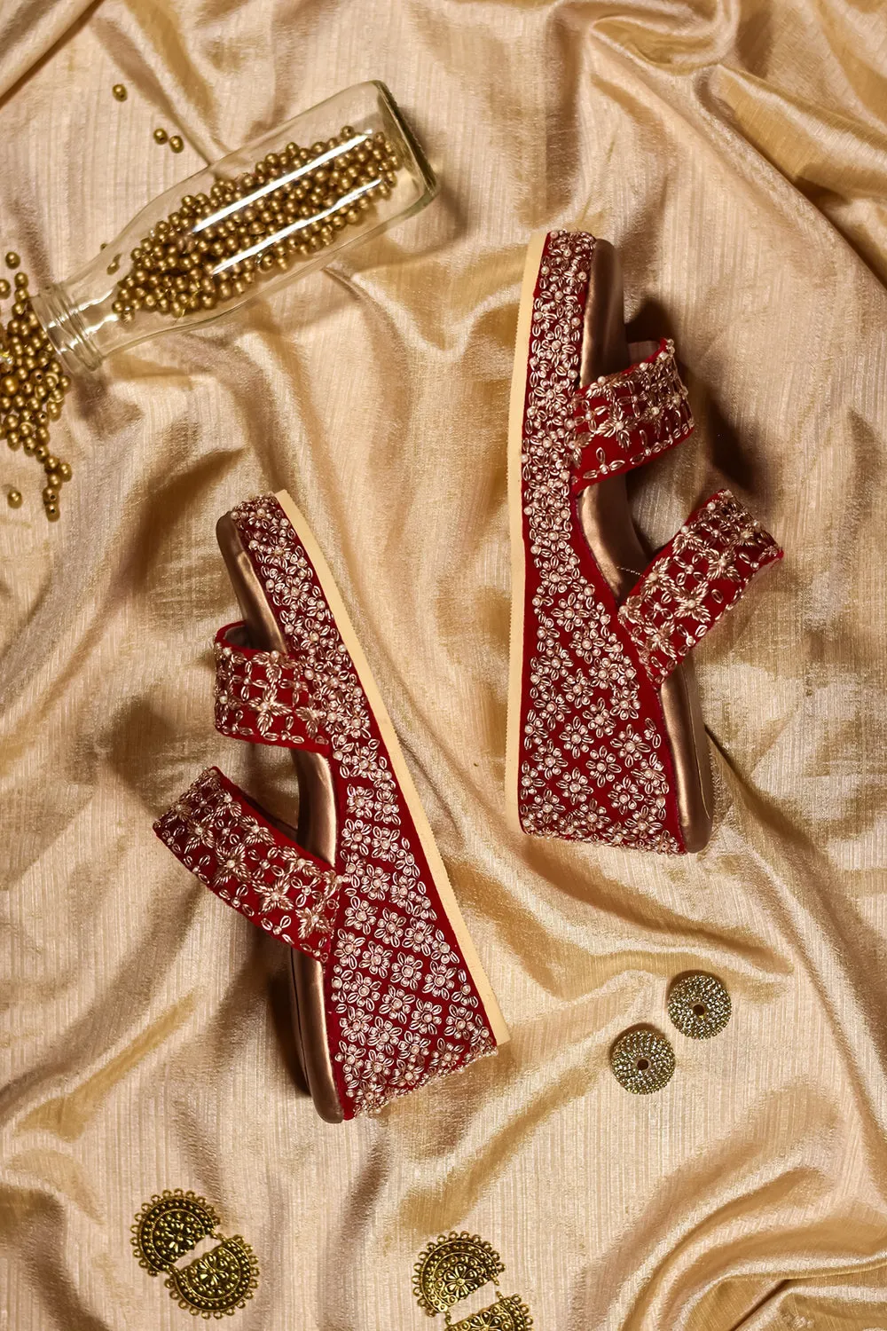 Red Velvet Embroidered Wedges