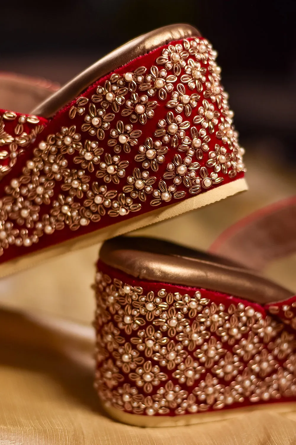 Red Velvet Embroidered Wedges