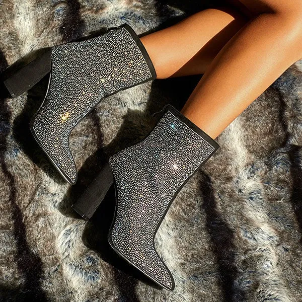 Rhinestone Glittery Pointed Toe Block Boots