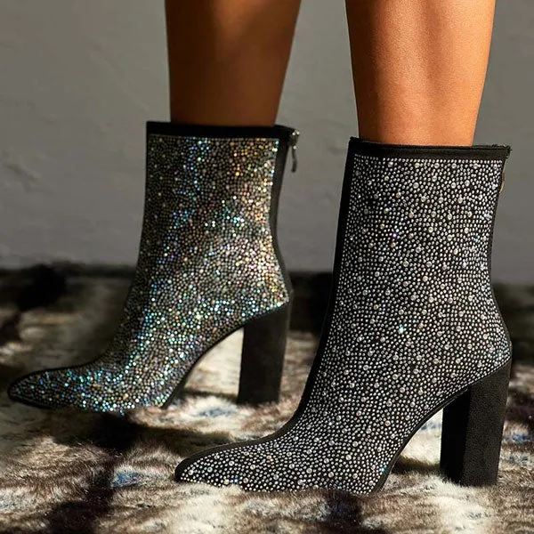 Rhinestone Glittery Pointed Toe Block Boots
