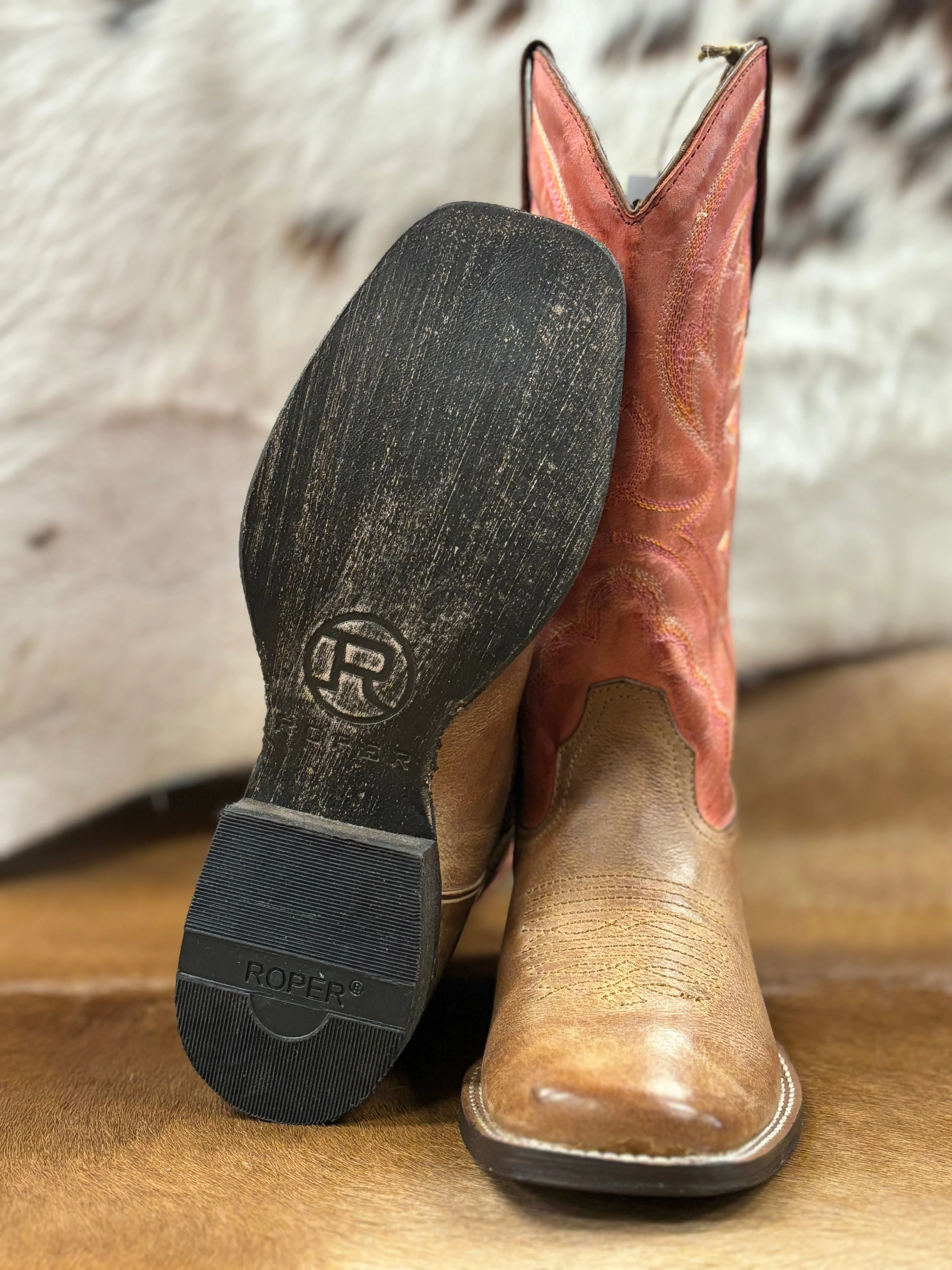 Roper Women's Lindsey Red & Tan Broad Square Toe Cowgirl Boots 0910-3528