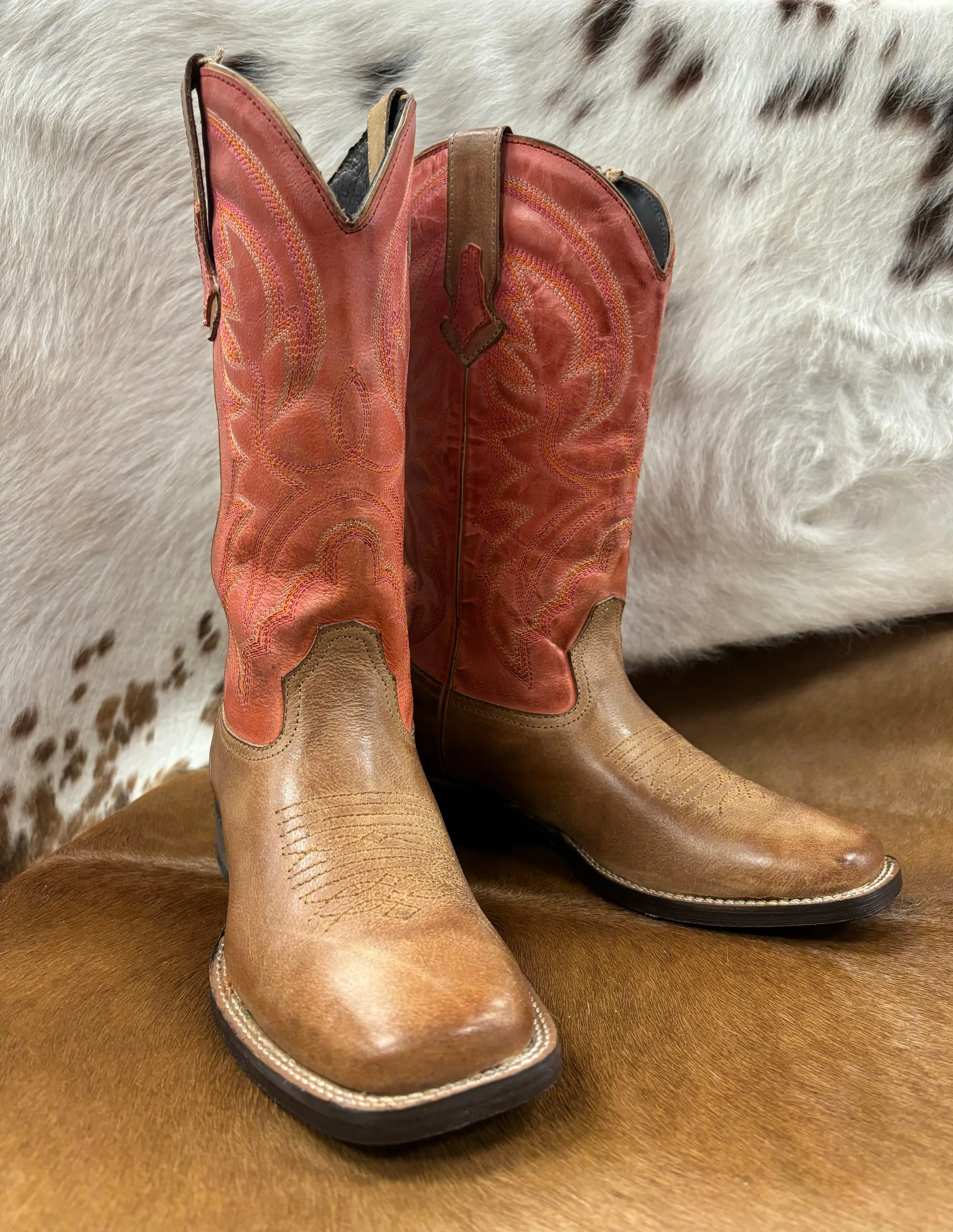 Roper Women's Lindsey Red & Tan Broad Square Toe Cowgirl Boots 0910-3528