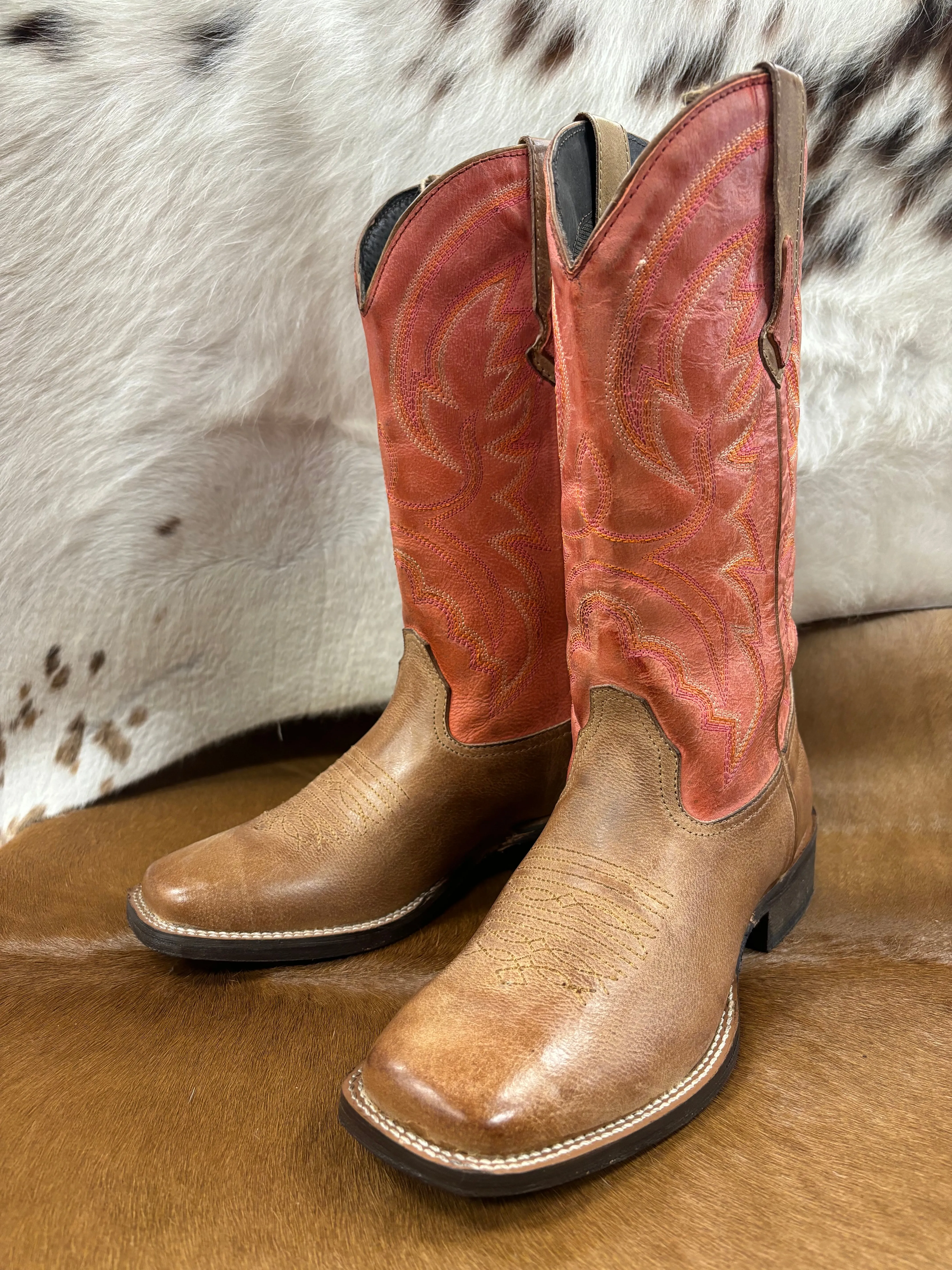 Roper Women's Lindsey Red & Tan Broad Square Toe Cowgirl Boots 0910-3528
