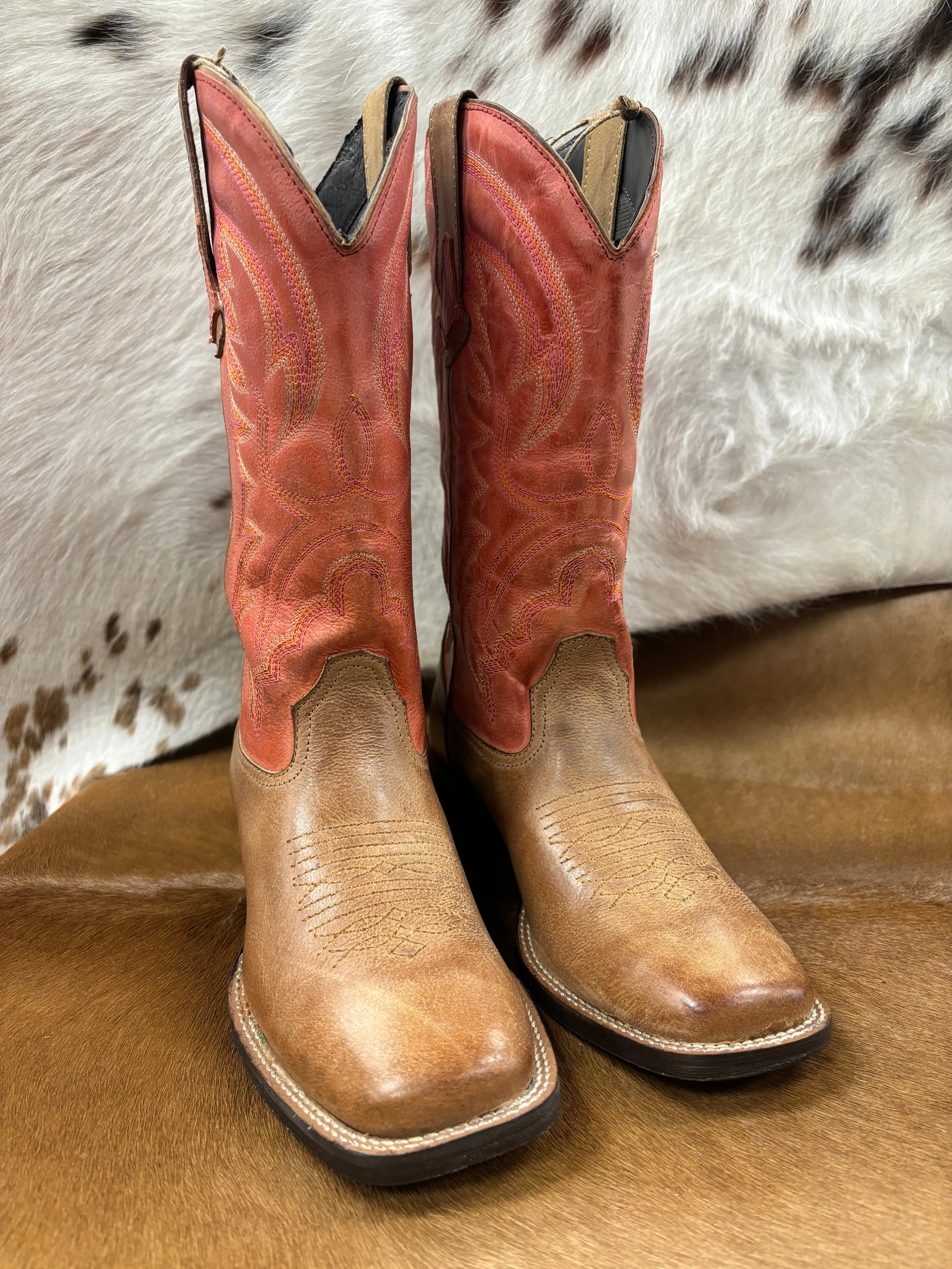 Roper Women's Lindsey Red & Tan Broad Square Toe Cowgirl Boots 0910-3528