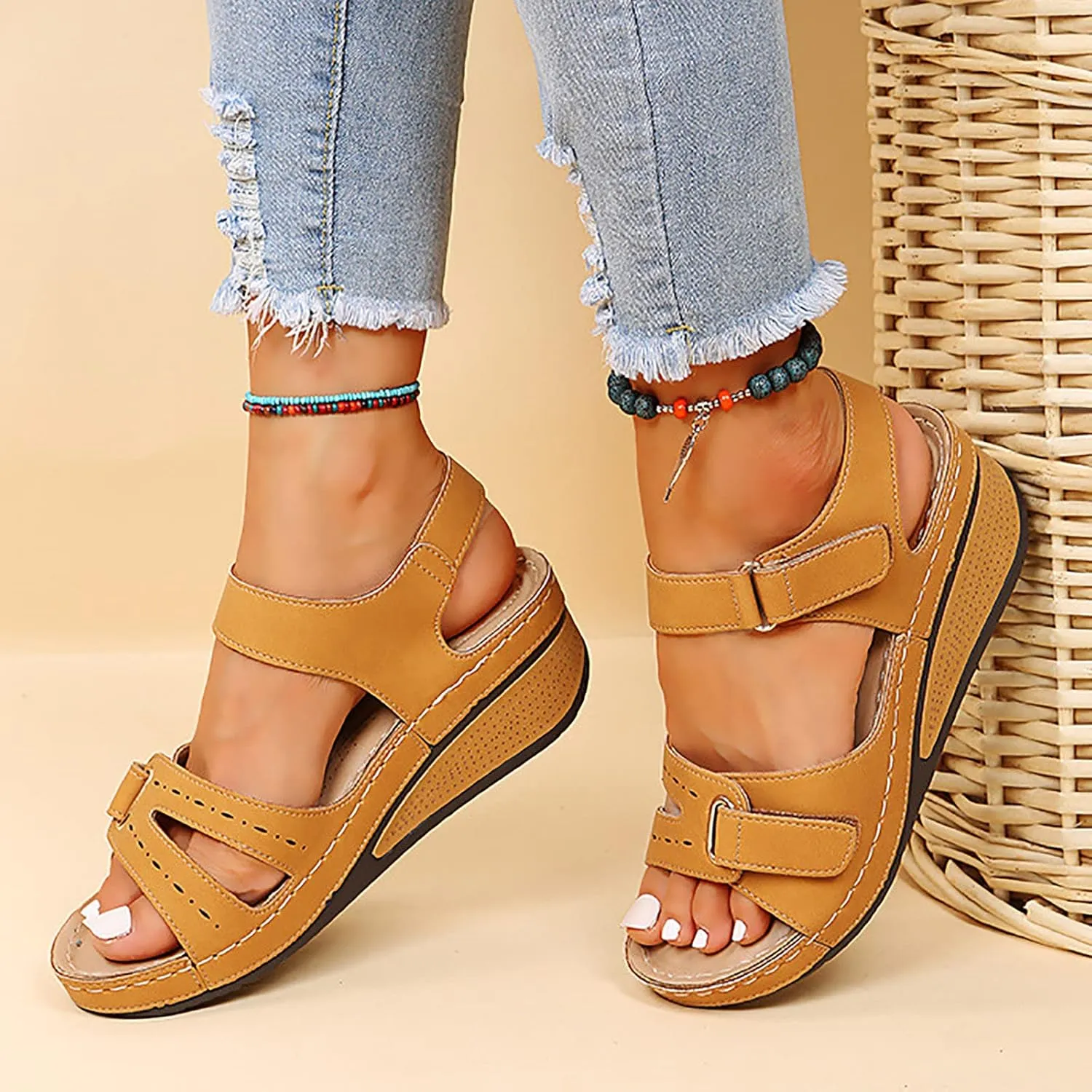 Rvidbe Orthopedic Sandals for Women Comfy Orthotic Sandal Anti-Slip Breathable Arch Support Platform Wedge Sandals Shoes