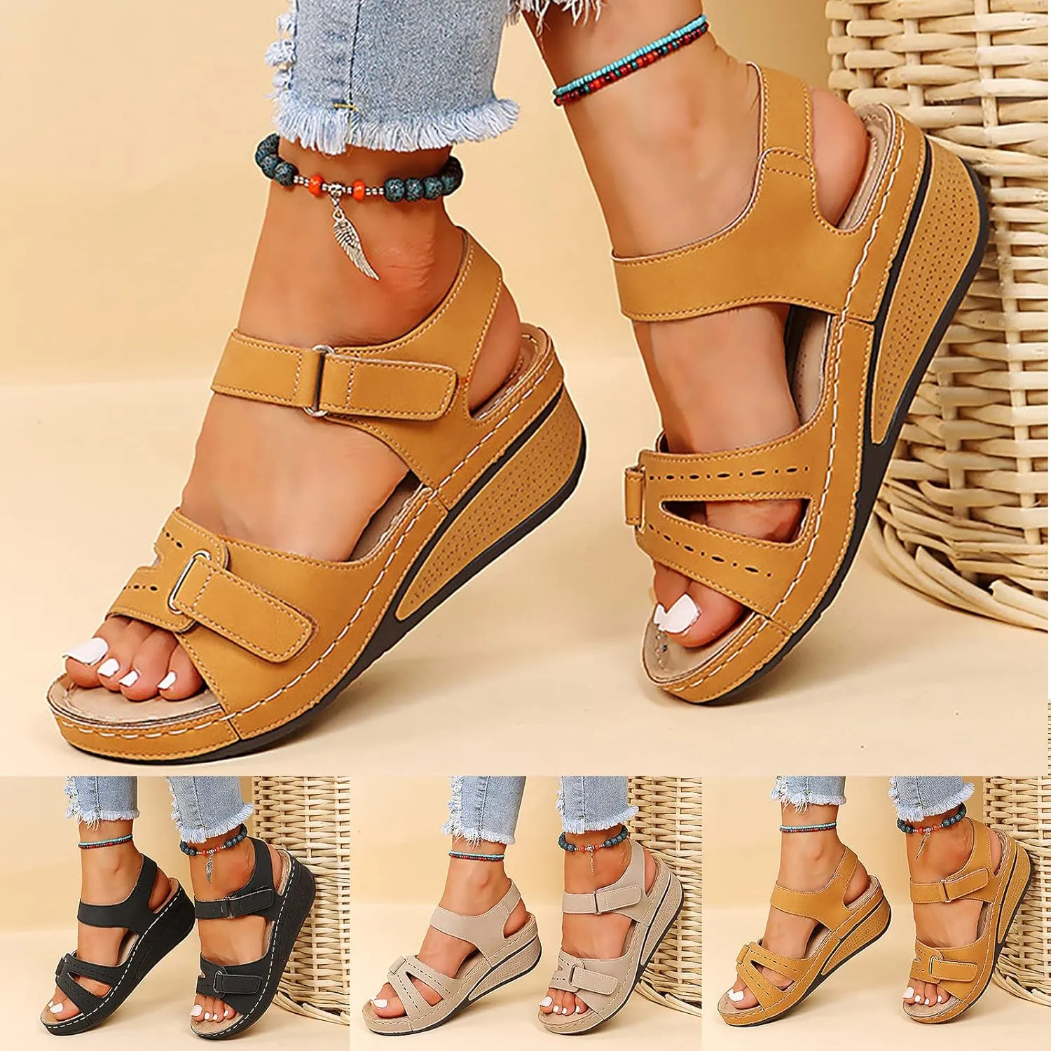 Rvidbe Orthopedic Sandals for Women Comfy Orthotic Sandal Anti-Slip Breathable Arch Support Platform Wedge Sandals Shoes
