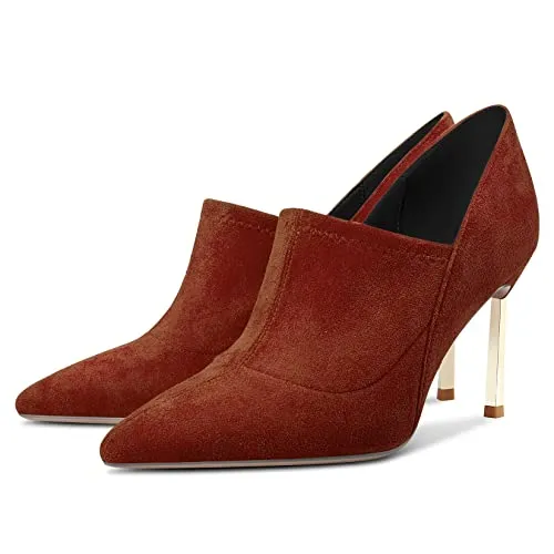 Saekcted Women Stiletto High Heel Pointed Toe Pumps Slip-on Wedding Cute 3.3 Inches Heels Brown