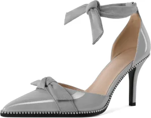 SAMMITOP Womens High Heel Pointed Toe Beaded Pumps Sexy Stiletto Bow Knot Ankle Tie Classic Office Special Dress Party Shoes 3.5 Inch
