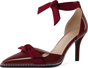 SAMMITOP Womens High Heel Pointed Toe Beaded Pumps Sexy Stiletto Bow Knot Ankle Tie Classic Office Special Dress Party Shoes 3.5 Inch