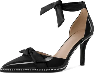 SAMMITOP Womens High Heel Pointed Toe Beaded Pumps Sexy Stiletto Bow Knot Ankle Tie Classic Office Special Dress Party Shoes 3.5 Inch