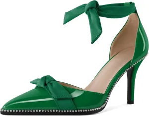 SAMMITOP Womens High Heel Pointed Toe Beaded Pumps Sexy Stiletto Bow Knot Ankle Tie Classic Office Special Dress Party Shoes 3.5 Inch