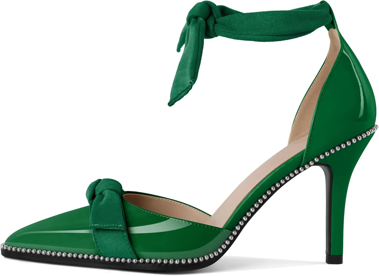 SAMMITOP Womens High Heel Pointed Toe Beaded Pumps Sexy Stiletto Bow Knot Ankle Tie Classic Office Special Dress Party Shoes 3.5 Inch