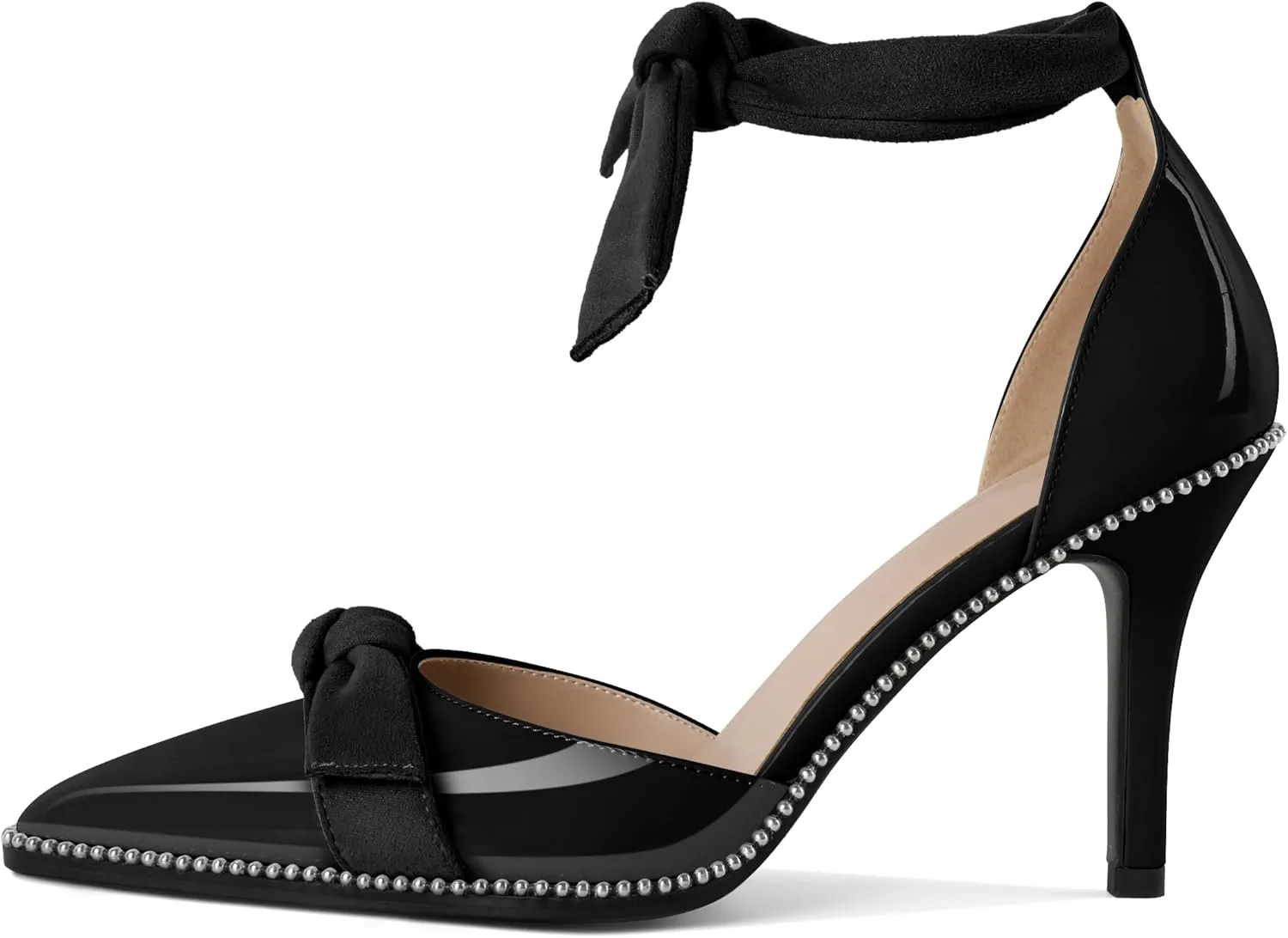 SAMMITOP Womens High Heel Pointed Toe Beaded Pumps Sexy Stiletto Bow Knot Ankle Tie Classic Office Special Dress Party Shoes 3.5 Inch