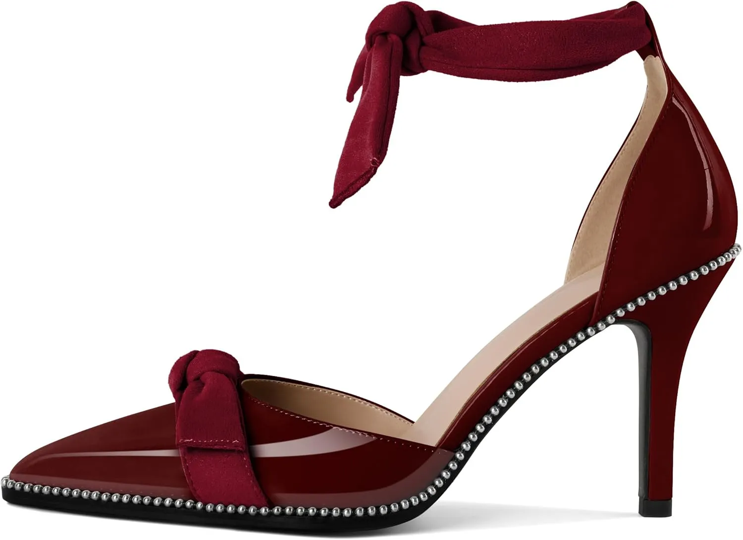 SAMMITOP Womens High Heel Pointed Toe Beaded Pumps Sexy Stiletto Bow Knot Ankle Tie Classic Office Special Dress Party Shoes 3.5 Inch