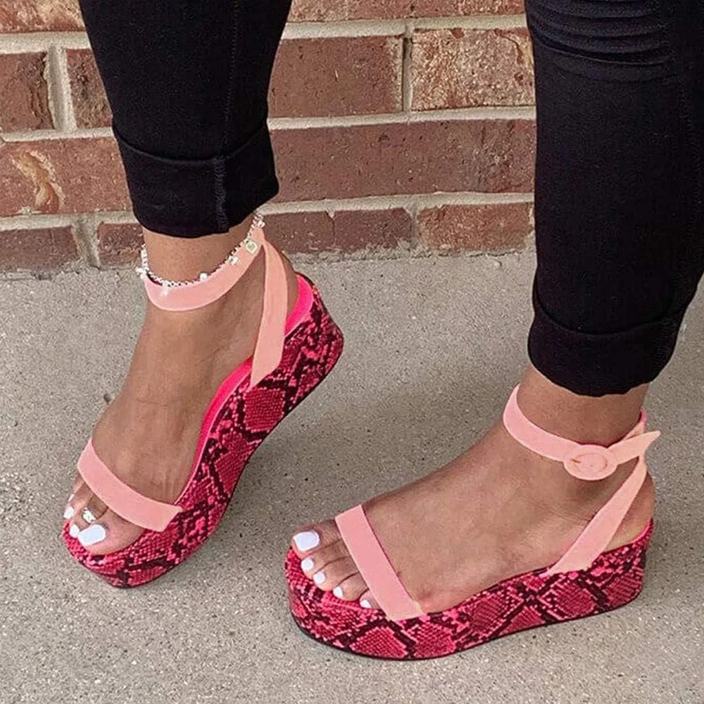 Sandals for Women Wide Width,Open Toe Ankle Strap Wedges Sandal Sexy Snakeskin Flatform Sandals Slingbacks Heeled Sandals