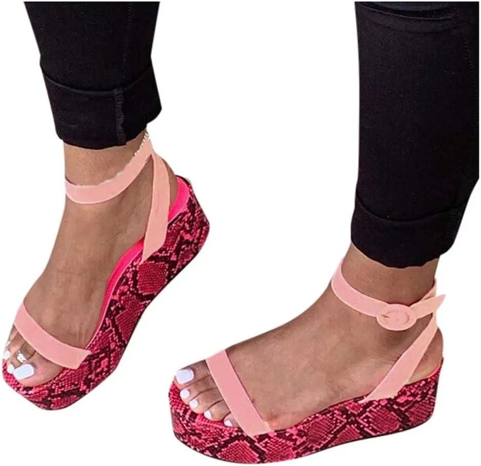 Sandals for Women Wide Width,Open Toe Ankle Strap Wedges Sandal Sexy Snakeskin Flatform Sandals Slingbacks Heeled Sandals