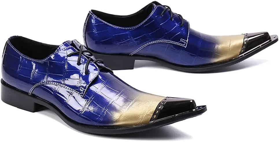 Santimon Mens Casual Dress Metal Pointed Tip Casual Genuine Leather Formal Lace-up Party Oxford Shoes