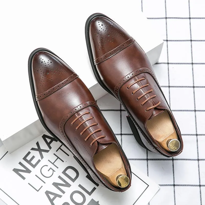 Santimon Men's Leather Oxfords Cap Toe Brogues Solid Formal Casual Office Business Dress Shoes